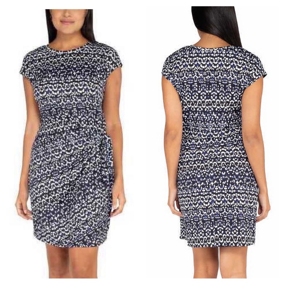 Original Nicole Miller NWT Multi Blue Cap Sleeve Twist Knot Dress Size XL